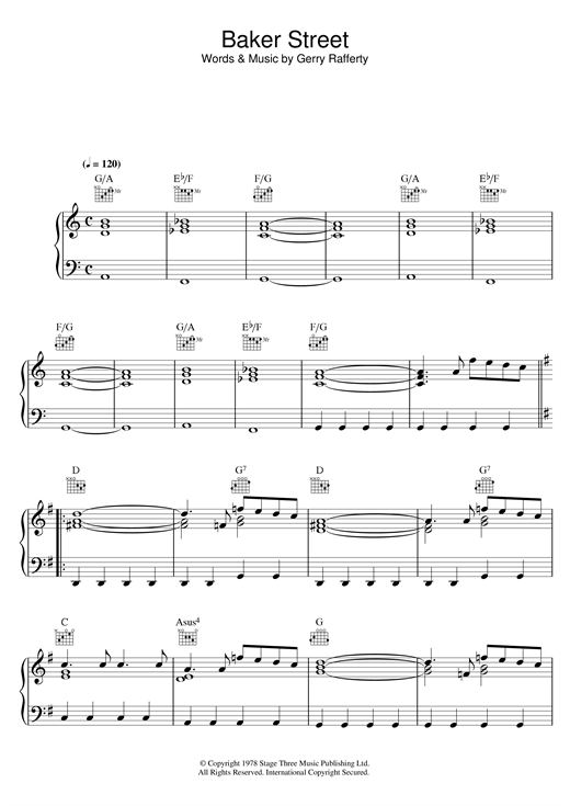 Preview Gerry Rafferty Baker Street Rock sheet music, notes and chords for Piano, Vocal & Guitar (Right-Hand Melody), SKU: 13636 sheet music, piano notes, chords, guitar tabs, score, transpose, transcribe, how to play, guide, download, learn, tutorial, progression, song, artist, awards, billboard, mtv, vh1, tour, single, album, release