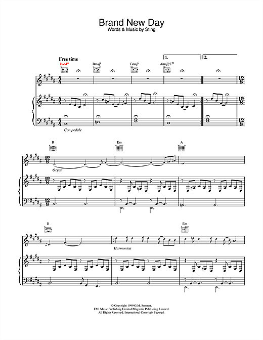Preview Sting Brand New Day Rock sheet music, notes and chords for Piano, Vocal & Guitar, SKU: 13639 sheet music, piano notes, chords, guitar tabs, score, transpose, transcribe, how to play, guide, download, learn, tutorial, progression, song, artist, awards, billboard, mtv, vh1, tour, single, album, release