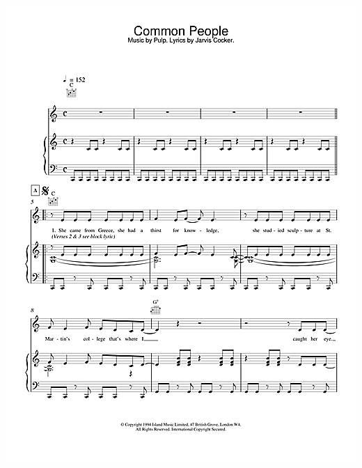 Preview Pulp Common People Pop sheet music, notes and chords for Piano, Vocal & Guitar (Right-Hand Melody), SKU: 13642 sheet music, piano notes, chords, guitar tabs, score, transpose, transcribe, how to play, guide, download, learn, tutorial, progression, song, artist, awards, billboard, mtv, vh1, tour, single, album, release