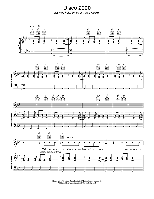 Preview Pulp Disco 2000 Pop sheet music, notes and chords for Piano, Vocal & Guitar (Right-Hand Melody), SKU: 13646 sheet music, piano notes, chords, guitar tabs, score, transpose, transcribe, how to play, guide, download, learn, tutorial, progression, song, artist, awards, billboard, mtv, vh1, tour, single, album, release