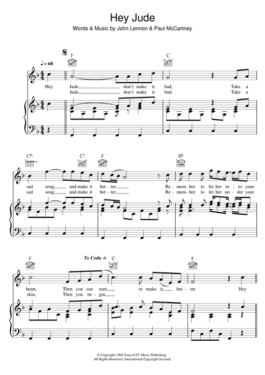 Preview The Beatles Hey Jude Rock sheet music, notes and chords for Piano, Vocal & Guitar (Right-Hand Melody), SKU: 13668 sheet music, piano notes, chords, guitar tabs, score, transpose, transcribe, how to play, guide, download, learn, tutorial, progression, song, artist, awards, billboard, mtv, vh1, tour, single, album, release