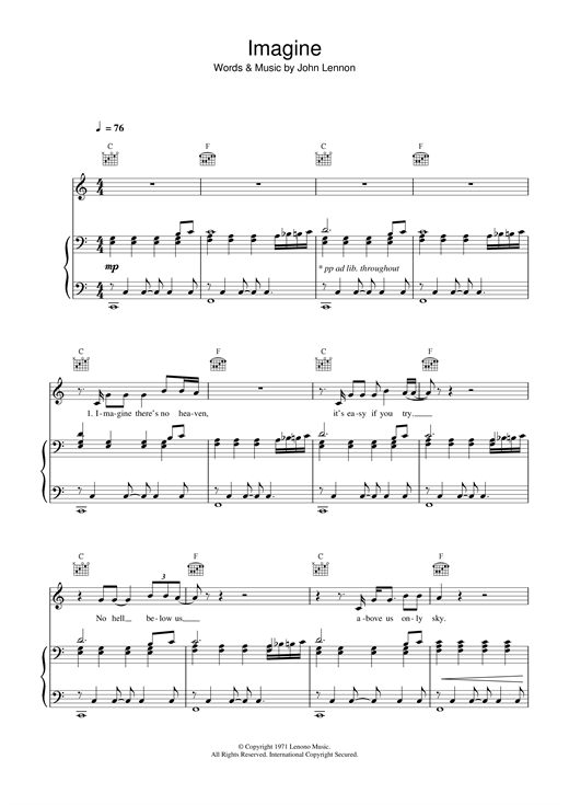 Preview John Lennon Imagine Rock sheet music, notes and chords for Piano, Vocal & Guitar (Right-Hand Melody), SKU: 13680 sheet music, piano notes, chords, guitar tabs, score, transpose, transcribe, how to play, guide, download, learn, tutorial, progression, song, artist, awards, billboard, mtv, vh1, tour, single, album, release