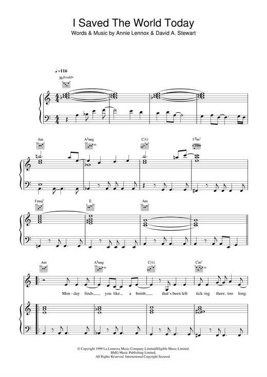 Preview Eurythmics I Saved The World Today Rock sheet music, notes and chords for Piano, Vocal & Guitar, SKU: 13682 sheet music, piano notes, chords, guitar tabs, score, transpose, transcribe, how to play, guide, download, learn, tutorial, progression, song, artist, awards, billboard, mtv, vh1, tour, single, album, release