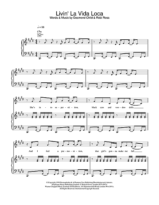 Preview Ricky Martin Livin' La Vida Loca Pop sheet music, notes and chords for Piano, Vocal & Guitar, SKU: 13695 sheet music, piano notes, chords, guitar tabs, score, transpose, transcribe, how to play, guide, download, learn, tutorial, progression, song, artist, awards, billboard, mtv, vh1, tour, single, album, release