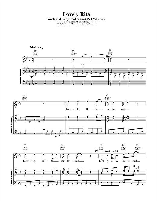 Preview The Beatles Lovely Rita Rock sheet music, notes and chords for Piano, Vocal & Guitar (Right-Hand Melody), SKU: 13697 sheet music, piano notes, chords, guitar tabs, score, transpose, transcribe, how to play, guide, download, learn, tutorial, progression, song, artist, awards, billboard, mtv, vh1, tour, single, album, release