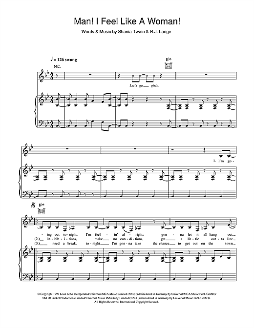 Preview Shania Twain Man! I Feel Like A Woman! Pop sheet music, notes and chords for Piano, Vocal & Guitar, SKU: 13701 sheet music, piano notes, chords, guitar tabs, score, transpose, transcribe, how to play, guide, download, learn, tutorial, progression, song, artist, awards, billboard, mtv, vh1, tour, single, album, release