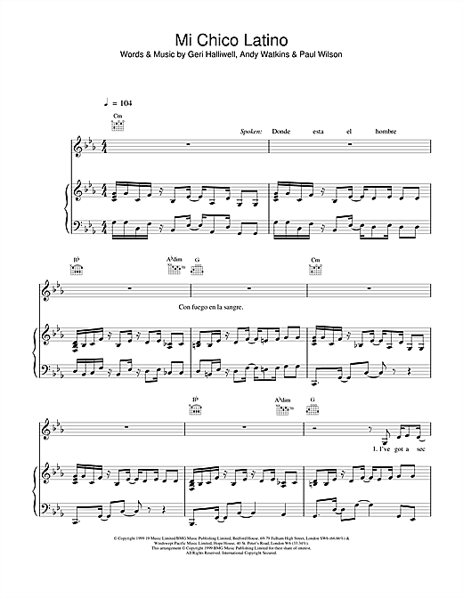Preview Geri Halliwell Mi Chico Latino Pop sheet music, notes and chords for Piano, Vocal & Guitar, SKU: 13703 sheet music, piano notes, chords, guitar tabs, score, transpose, transcribe, how to play, guide, download, learn, tutorial, progression, song, artist, awards, billboard, mtv, vh1, tour, single, album, release