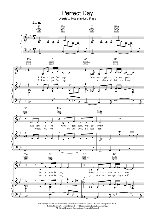 Preview Lou Reed Perfect Day Rock sheet music, notes and chords for Piano, Vocal & Guitar (Right-Hand Melody), SKU: 13711 sheet music, piano notes, chords, guitar tabs, score, transpose, transcribe, how to play, guide, download, learn, tutorial, progression, song, artist, awards, billboard, mtv, vh1, tour, single, album, release