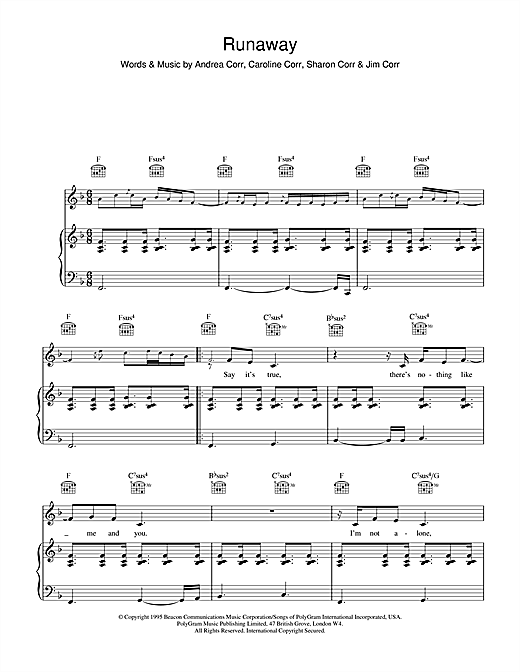 Preview The Corrs Runaway Folk sheet music, notes and chords for Piano, Vocal & Guitar, SKU: 13714 sheet music, piano notes, chords, guitar tabs, score, transpose, transcribe, how to play, guide, download, learn, tutorial, progression, song, artist, awards, billboard, mtv, vh1, tour, single, album, release