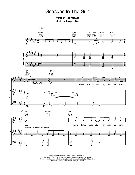 Preview Westlife Seasons In The Sun Pop sheet music, notes and chords for Piano, Vocal & Guitar, SKU: 13716 sheet music, piano notes, chords, guitar tabs, score, transpose, transcribe, how to play, guide, download, learn, tutorial, progression, song, artist, awards, billboard, mtv, vh1, tour, single, album, release