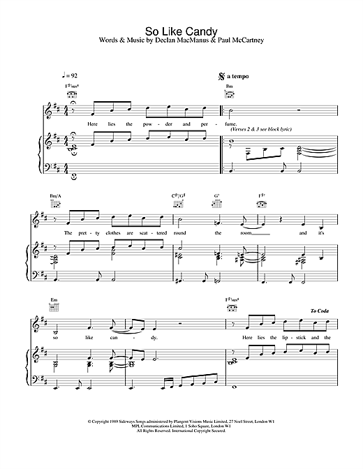 Preview Elvis Costello So Like Candy Rock sheet music, notes and chords for Piano, Vocal & Guitar (Right-Hand Melody), SKU: 13725 sheet music, piano notes, chords, guitar tabs, score, transpose, transcribe, how to play, guide, download, learn, tutorial, progression, song, artist, awards, billboard, mtv, vh1, tour, single, album, release