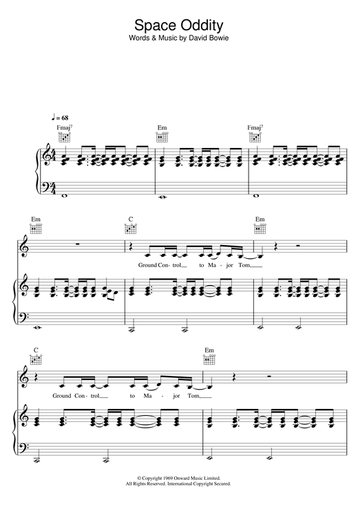 Preview David Bowie Space Oddity Rock sheet music, notes and chords for Piano, Vocal & Guitar, SKU: 13726 sheet music, piano notes, chords, guitar tabs, score, transpose, transcribe, how to play, guide, download, learn, tutorial, progression, song, artist, awards, billboard, mtv, vh1, tour, single, album, release