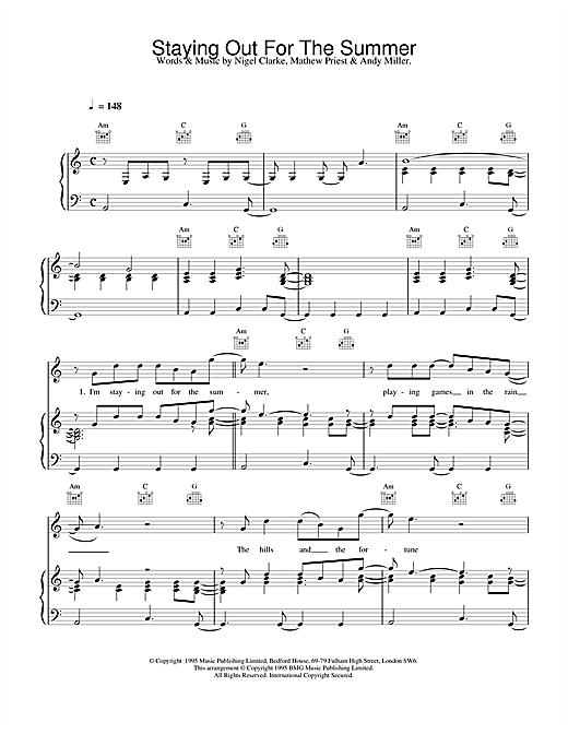 Preview Dodgy Staying Out For The Summer Pop sheet music, notes and chords for Piano, Vocal & Guitar (Right-Hand Melody), SKU: 13728 sheet music, piano notes, chords, guitar tabs, score, transpose, transcribe, how to play, guide, download, learn, tutorial, progression, song, artist, awards, billboard, mtv, vh1, tour, single, album, release