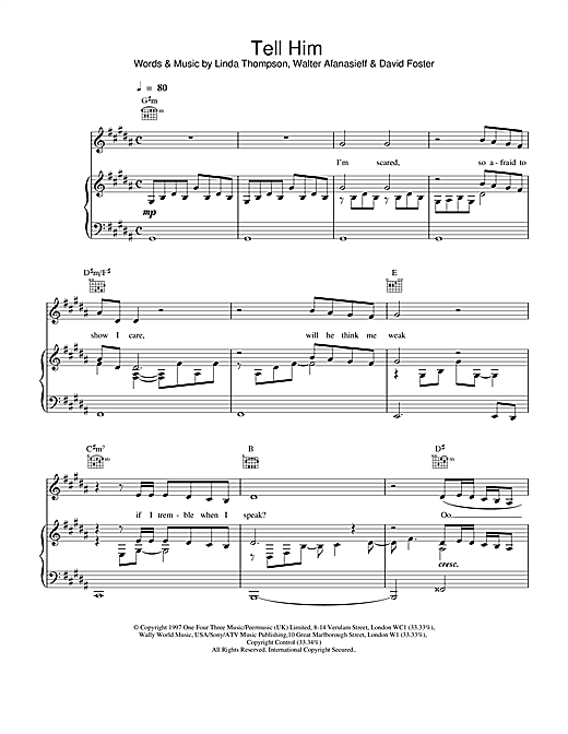 Preview Celine Dion Tell Him Pop sheet music, notes and chords for Piano, Vocal & Guitar (Right-Hand Melody), SKU: 13731 sheet music, piano notes, chords, guitar tabs, score, transpose, transcribe, how to play, guide, download, learn, tutorial, progression, song, artist, awards, billboard, mtv, vh1, tour, single, album, release
