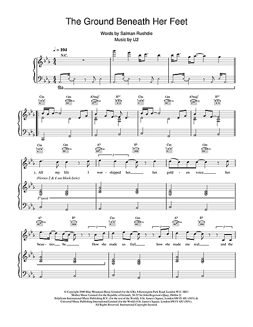 Preview U2 The Ground Beneath Her Feet (from The Million Dollar Hotel) Pop sheet music, notes and chords for Piano, Vocal & Guitar, SKU: 13734 sheet music, piano notes, chords, guitar tabs, score, transpose, transcribe, how to play, guide, download, learn, tutorial, progression, song, artist, awards, billboard, mtv, vh1, tour, single, album, release