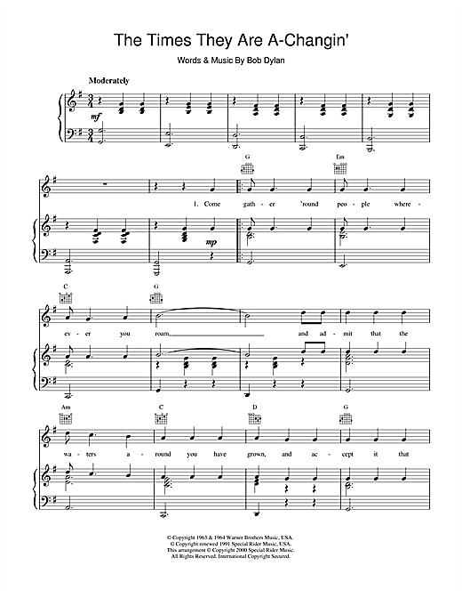 Preview Bob Dylan The Times They Are A-Changin' Rock sheet music, notes and chords for Piano, Vocal & Guitar (Right-Hand Melody), SKU: 13737 sheet music, piano notes, chords, guitar tabs, score, transpose, transcribe, how to play, guide, download, learn, tutorial, progression, song, artist, awards, billboard, mtv, vh1, tour, single, album, release