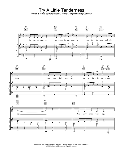Preview Harry Woods Try A Little Tenderness Pop sheet music, notes and chords for Piano, Vocal & Guitar (Right-Hand Melody), SKU: 13739 sheet music, piano notes, chords, guitar tabs, score, transpose, transcribe, how to play, guide, download, learn, tutorial, progression, song, artist, awards, billboard, mtv, vh1, tour, single, album, release