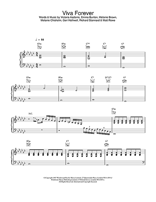 Preview The Spice Girls Viva Forever Pop sheet music, notes and chords for Piano, Vocal & Guitar (Right-Hand Melody), SKU: 13741 sheet music, piano notes, chords, guitar tabs, score, transpose, transcribe, how to play, guide, download, learn, tutorial, progression, song, artist, awards, billboard, mtv, vh1, tour, single, album, release