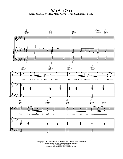 Preview Westlife We Are One Pop sheet music, notes and chords for Piano, Vocal & Guitar, SKU: 13742 sheet music, piano notes, chords, guitar tabs, score, transpose, transcribe, how to play, guide, download, learn, tutorial, progression, song, artist, awards, billboard, mtv, vh1, tour, single, album, release