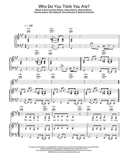 Preview The Spice Girls Who Do You Think You Are? Pop sheet music, notes and chords for Piano, Vocal & Guitar (Right-Hand Melody), SKU: 13746 sheet music, piano notes, chords, guitar tabs, score, transpose, transcribe, how to play, guide, download, learn, tutorial, progression, song, artist, awards, billboard, mtv, vh1, tour, single, album, release