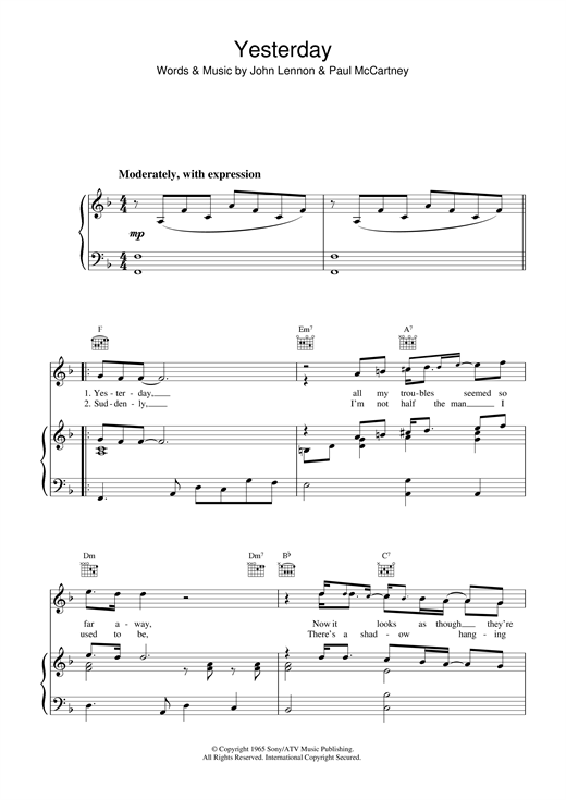 Preview The Beatles Yesterday Rock sheet music, notes and chords for Piano, Vocal & Guitar (Right-Hand Melody), SKU: 13751 sheet music, piano notes, chords, guitar tabs, score, transpose, transcribe, how to play, guide, download, learn, tutorial, progression, song, artist, awards, billboard, mtv, vh1, tour, single, album, release