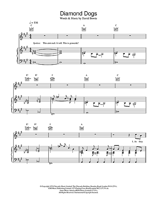Preview David Bowie Diamond Dogs Rock sheet music, notes and chords for Piano, Vocal & Guitar, SKU: 13761 sheet music, piano notes, chords, guitar tabs, score, transpose, transcribe, how to play, guide, download, learn, tutorial, progression, song, artist, awards, billboard, mtv, vh1, tour, single, album, release