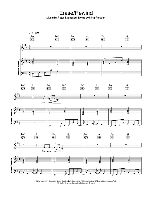 Preview The Cardigans Erase / Rewind Pop sheet music, notes and chords for Piano, Vocal & Guitar, SKU: 13766 sheet music, piano notes, chords, guitar tabs, score, transpose, transcribe, how to play, guide, download, learn, tutorial, progression, song, artist, awards, billboard, mtv, vh1, tour, single, album, release