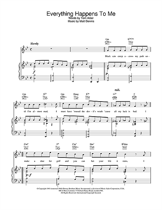 Preview Frank Sinatra Everything Happens To Me Jazz sheet music, notes and chords for Piano, Vocal & Guitar (Right-Hand Melody), SKU: 13768 sheet music, piano notes, chords, guitar tabs, score, transpose, transcribe, how to play, guide, download, learn, tutorial, progression, song, artist, awards, billboard, mtv, vh1, tour, single, album, release