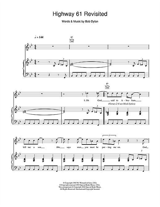 Preview Bob Dylan Highway 61 Revisited Rock sheet music, notes and chords for Piano, Vocal & Guitar, SKU: 13788 sheet music, piano notes, chords, guitar tabs, score, transpose, transcribe, how to play, guide, download, learn, tutorial, progression, song, artist, awards, billboard, mtv, vh1, tour, single, album, release