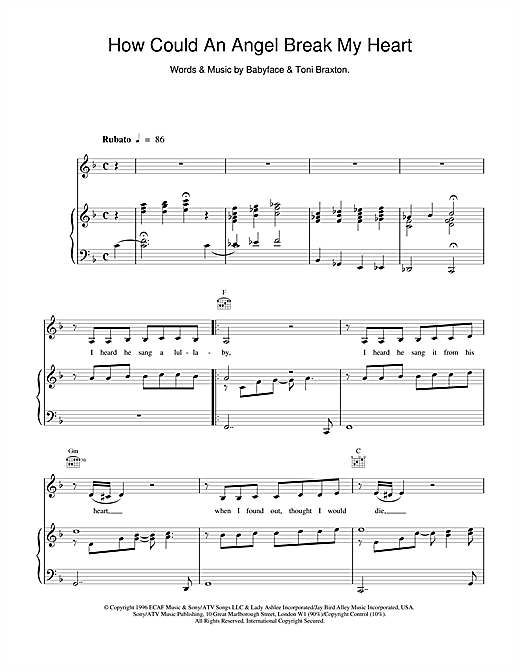 Preview Toni Braxton How Could An Angel Break My Heart R & B sheet music, notes and chords for Piano, Vocal & Guitar (Right-Hand Melody), SKU: 13789 sheet music, piano notes, chords, guitar tabs, score, transpose, transcribe, how to play, guide, download, learn, tutorial, progression, song, artist, awards, billboard, mtv, vh1, tour, single, album, release