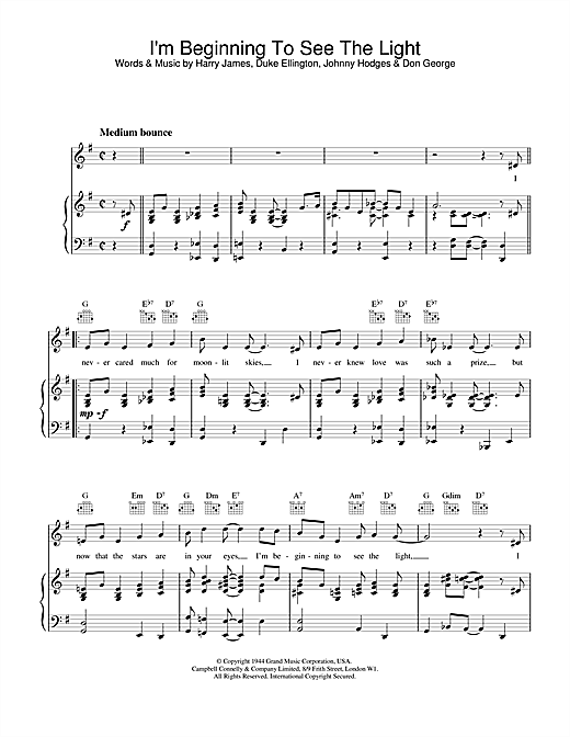 Preview Frank Sinatra I'm Beginning To See The Light Jazz sheet music, notes and chords for Piano, Vocal & Guitar (Right-Hand Melody), SKU: 13792 sheet music, piano notes, chords, guitar tabs, score, transpose, transcribe, how to play, guide, download, learn, tutorial, progression, song, artist, awards, billboard, mtv, vh1, tour, single, album, release