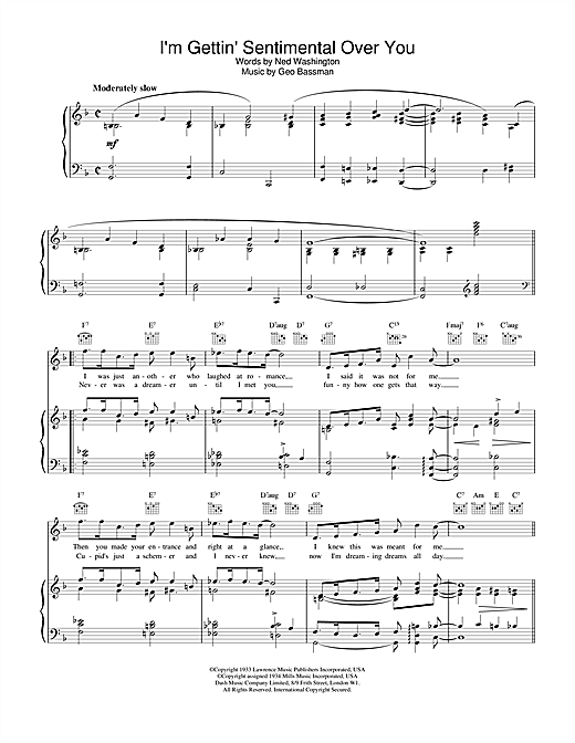 Preview Frank Sinatra I'm Gettin' Sentimental Over You Jazz sheet music, notes and chords for Piano, Vocal & Guitar (Right-Hand Melody), SKU: 13793 sheet music, piano notes, chords, guitar tabs, score, transpose, transcribe, how to play, guide, download, learn, tutorial, progression, song, artist, awards, billboard, mtv, vh1, tour, single, album, release