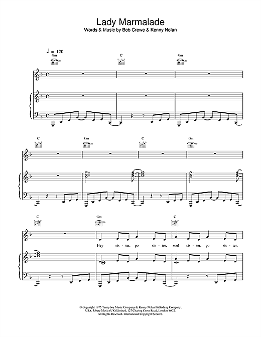 Preview All Saints Lady Marmalade R & B sheet music, notes and chords for Piano, Vocal & Guitar (Right-Hand Melody), SKU: 13811 sheet music, piano notes, chords, guitar tabs, score, transpose, transcribe, how to play, guide, download, learn, tutorial, progression, song, artist, awards, billboard, mtv, vh1, tour, single, album, release