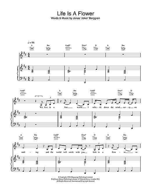 Preview Ace Of Base Life is a Flower Pop sheet music, notes and chords for Piano, Vocal & Guitar (Right-Hand Melody), SKU: 13815 sheet music, piano notes, chords, guitar tabs, score, transpose, transcribe, how to play, guide, download, learn, tutorial, progression, song, artist, awards, billboard, mtv, vh1, tour, single, album, release