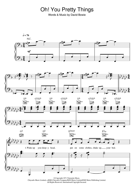 Preview David Bowie Oh! You Pretty Things Rock sheet music, notes and chords for Piano, Vocal & Guitar, SKU: 13833 sheet music, piano notes, chords, guitar tabs, score, transpose, transcribe, how to play, guide, download, learn, tutorial, progression, song, artist, awards, billboard, mtv, vh1, tour, single, album, release