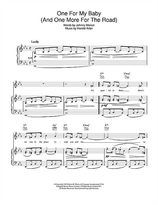 Preview Frank Sinatra One For My Baby (And One More For The Road) Jazz sheet music, notes and chords for Piano, Vocal & Guitar (Right-Hand Melody), SKU: 13834 sheet music, piano notes, chords, guitar tabs, score, transpose, transcribe, how to play, guide, download, learn, tutorial, progression, song, artist, awards, billboard, mtv, vh1, tour, single, album, release