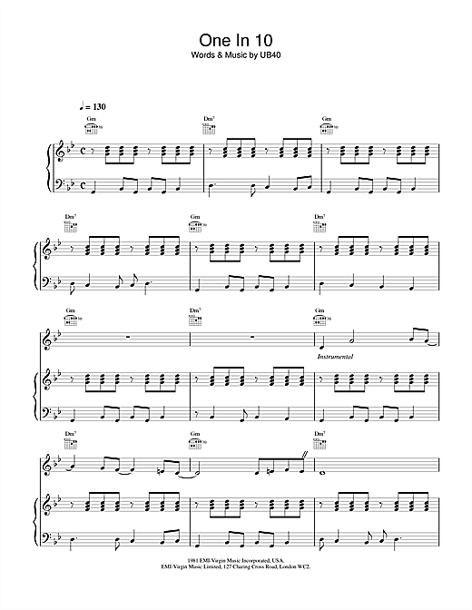 Preview UB40 One In Ten Pop sheet music, notes and chords for Piano, Vocal & Guitar (Right-Hand Melody), SKU: 13835 sheet music, piano notes, chords, guitar tabs, score, transpose, transcribe, how to play, guide, download, learn, tutorial, progression, song, artist, awards, billboard, mtv, vh1, tour, single, album, release