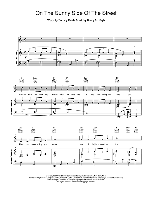 Preview Frank Sinatra On The Sunny Side Of The Street Jazz sheet music, notes and chords for Piano, Vocal & Guitar (Right-Hand Melody), SKU: 13837 sheet music, piano notes, chords, guitar tabs, score, transpose, transcribe, how to play, guide, download, learn, tutorial, progression, song, artist, awards, billboard, mtv, vh1, tour, single, album, release