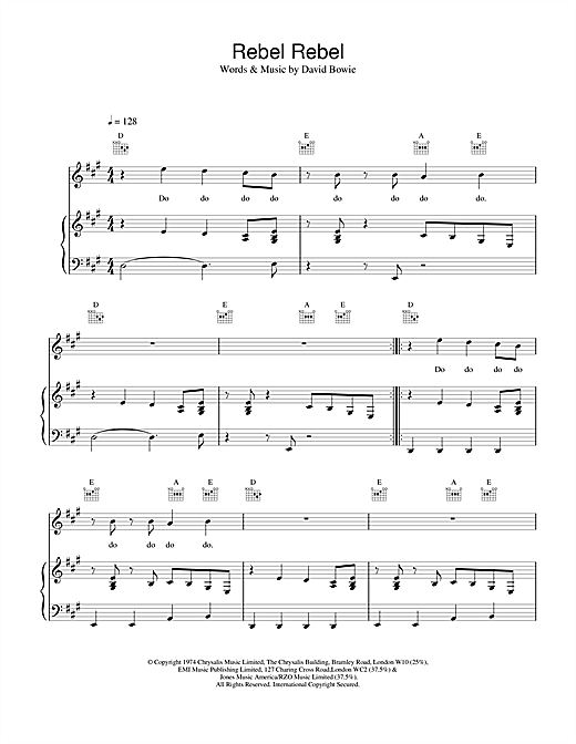 Preview David Bowie Rebel Rebel Rock sheet music, notes and chords for Piano, Vocal & Guitar, SKU: 13846 sheet music, piano notes, chords, guitar tabs, score, transpose, transcribe, how to play, guide, download, learn, tutorial, progression, song, artist, awards, billboard, mtv, vh1, tour, single, album, release