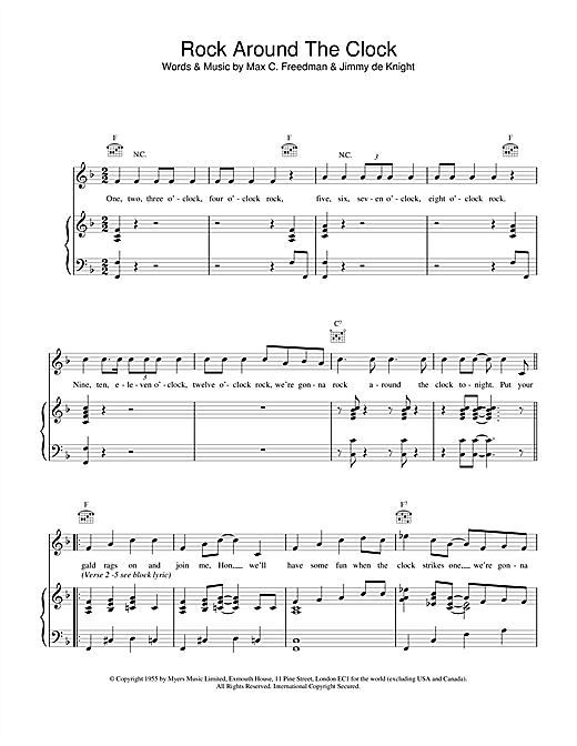 Preview Bill Haley & His Comets Rock Around The Clock Rock N Roll sheet music, notes and chords for Piano, Vocal & Guitar (Right-Hand Melody), SKU: 13847 sheet music, piano notes, chords, guitar tabs, score, transpose, transcribe, how to play, guide, download, learn, tutorial, progression, song, artist, awards, billboard, mtv, vh1, tour, single, album, release
