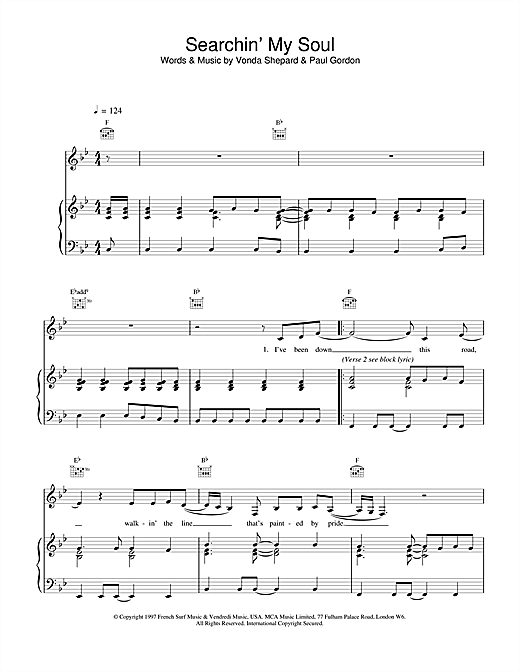 Preview Vonda Shepard Searchin' My Soul (theme from Ally McBeal) Pop sheet music, notes and chords for Piano, Vocal & Guitar, SKU: 13850 sheet music, piano notes, chords, guitar tabs, score, transpose, transcribe, how to play, guide, download, learn, tutorial, progression, song, artist, awards, billboard, mtv, vh1, tour, single, album, release