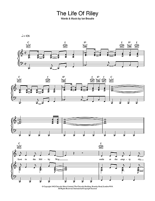 Preview The Lightning Seeds The Life Of Riley Pop sheet music, notes and chords for Piano, Vocal & Guitar (Right-Hand Melody), SKU: 13865 sheet music, piano notes, chords, guitar tabs, score, transpose, transcribe, how to play, guide, download, learn, tutorial, progression, song, artist, awards, billboard, mtv, vh1, tour, single, album, release