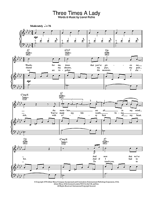 Preview Lionel Richie Three Times A Lady Pop sheet music, notes and chords for Piano, Vocal & Guitar (Right-Hand Melody), SKU: 13871 sheet music, piano notes, chords, guitar tabs, score, transpose, transcribe, how to play, guide, download, learn, tutorial, progression, song, artist, awards, billboard, mtv, vh1, tour, single, album, release