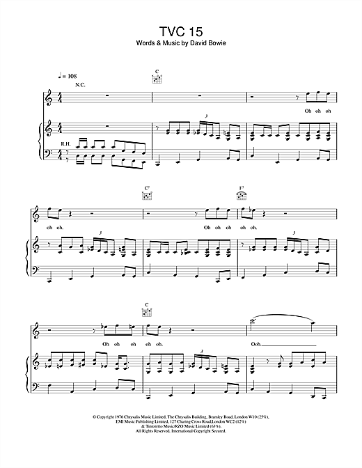 Preview David Bowie TVC15 Rock sheet music, notes and chords for Piano, Vocal & Guitar, SKU: 13872 sheet music, piano notes, chords, guitar tabs, score, transpose, transcribe, how to play, guide, download, learn, tutorial, progression, song, artist, awards, billboard, mtv, vh1, tour, single, album, release