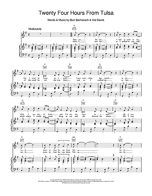 Preview Bacharach & David Twenty Four Hours From Tulsa Pop sheet music, notes and chords for Piano, Vocal & Guitar (Right-Hand Melody), SKU: 13873 sheet music, piano notes, chords, guitar tabs, score, transpose, transcribe, how to play, guide, download, learn, tutorial, progression, song, artist, awards, billboard, mtv, vh1, tour, single, album, release
