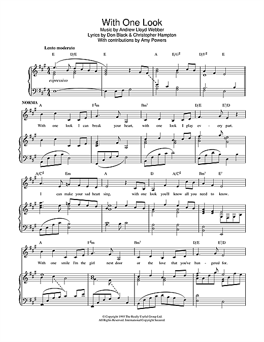 Preview Andrew Lloyd Webber With One Look (from Sunset Boulevard) Musicals sheet music, notes and chords for Piano, Vocal & Guitar (Right-Hand Melody), SKU: 13879 sheet music, piano notes, chords, guitar tabs, score, transpose, transcribe, how to play, guide, download, learn, tutorial, progression, song, artist, awards, billboard, mtv, vh1, tour, single, album, release