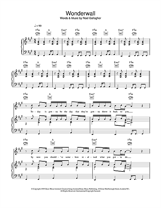 Preview Oasis Wonderwall Pop sheet music, notes and chords for Piano, Vocal & Guitar (Right-Hand Melody), SKU: 13880 sheet music, piano notes, chords, guitar tabs, score, transpose, transcribe, how to play, guide, download, learn, tutorial, progression, song, artist, awards, billboard, mtv, vh1, tour, single, album, release
