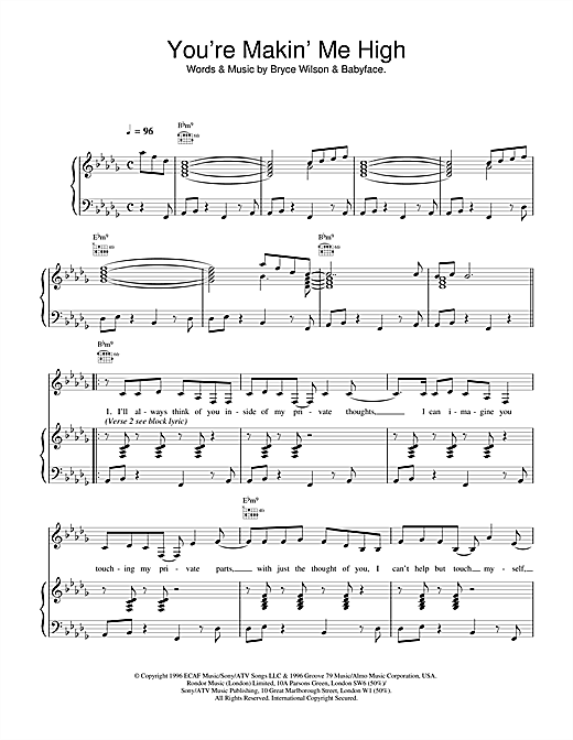 Preview Toni Braxton You're Makin' Me High R & B sheet music, notes and chords for Piano, Vocal & Guitar, SKU: 13885 sheet music, piano notes, chords, guitar tabs, score, transpose, transcribe, how to play, guide, download, learn, tutorial, progression, song, artist, awards, billboard, mtv, vh1, tour, single, album, release