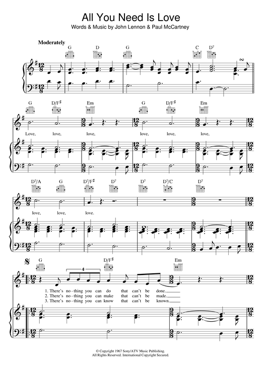Preview The Beatles All You Need Is Love Rock sheet music, notes and chords for Piano, Vocal & Guitar, SKU: 13894 sheet music, piano notes, chords, guitar tabs, score, transpose, transcribe, how to play, guide, download, learn, tutorial, progression, song, artist, awards, billboard, mtv, vh1, tour, single, album, release