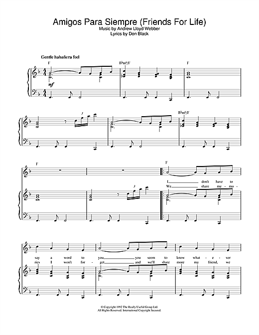 Preview Andrew Lloyd Webber Amigos Para Siempre (Friends For Life) Musicals sheet music, notes and chords for Piano, Vocal & Guitar (Right-Hand Melody), SKU: 13896 sheet music, piano notes, chords, guitar tabs, score, transpose, transcribe, how to play, guide, download, learn, tutorial, progression, song, artist, awards, billboard, mtv, vh1, tour, single, album, release